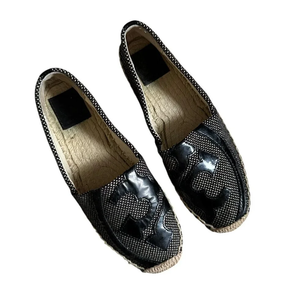 Tory Burch Lonnie Leather Logo Woven Espadrille Flats Size 6.5